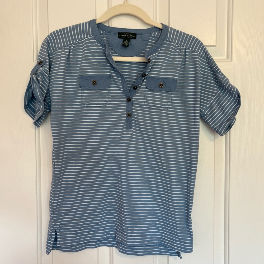 Lauren Ralph Lauren Women’s Blue and White Striped Henley Shirt Sz Small